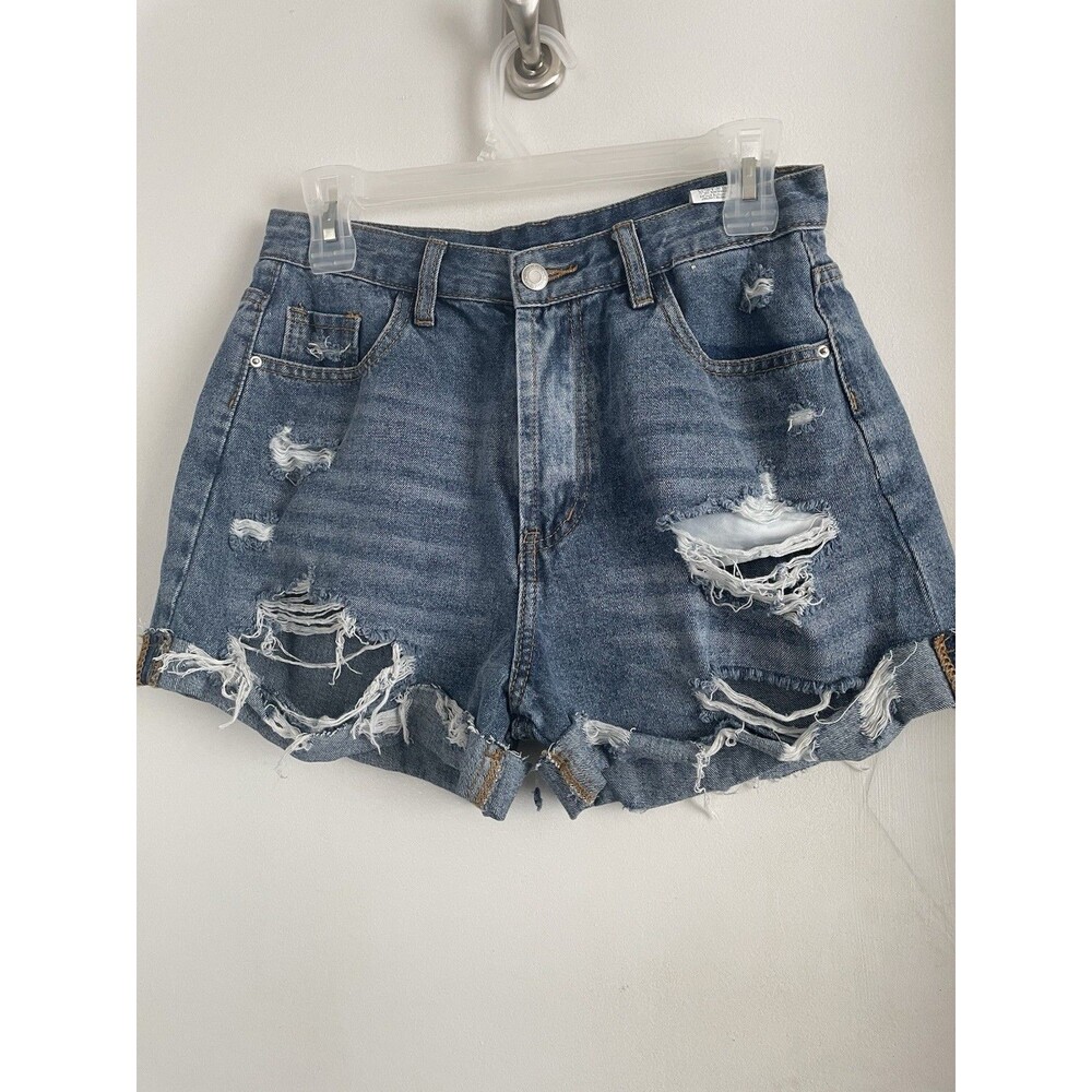 Women's Blue Denim Cut Off Shorts Size 30 Distressed Button 5-Pocket Solid